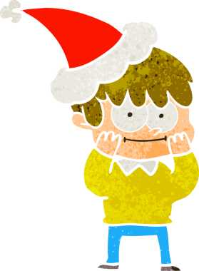 Mutlu el çizimi, Noel Baba şapkası takan bir adamın insan tarafından çizilmiş retro karikatürü.