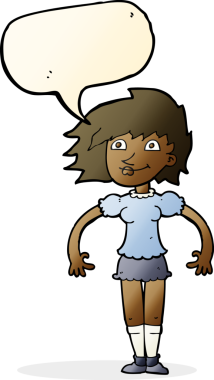 Bir insan tarafından çizilmiş konuşma balonlu mutlu kadın çizgi filmi.