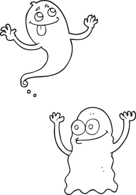 Bir insan tarafından çizilmiş siyah beyaz çizgi film hayaletleri.