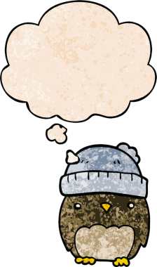 Bir insan tarafından çizilmiş grunge desenli düşünce baloncuğu olan şapkalı sevimli çizgi film baykuşu.