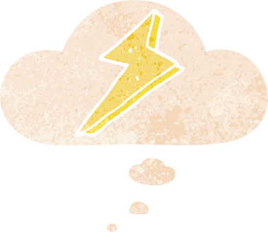 Düşünce baloncuklu karikatür yıldırımı grunge sıkıntılı retro tarzı bir insan tarafından çizilmiş