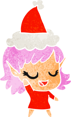 Mutlu el çizimi, bir insan tarafından çizilmiş Noel Baba şapkası takan bir elf kızı karikatürü.
