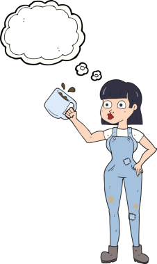 Bir insan tarafından çizilmiş kahve fincanı ile serbest çizilmiş düşünce balonu kadın çalışanı.