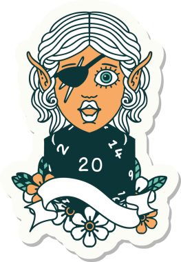 Bir insan tarafından çizilmiş doğal yirmi zarlı düzenbaz bir elf karakterinin çıkartması.