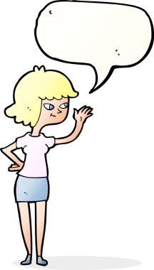 Bir insan tarafından çizilmiş konuşma baloncuğuyla el sallayan çizgi film dostu kız.