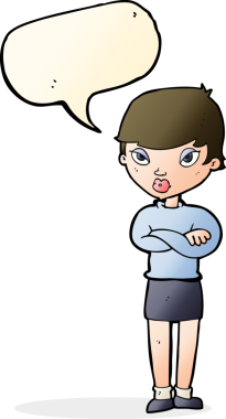 Bir insan tarafından çizilmiş konuşma baloncuğuyla rahatsız bir kadın.