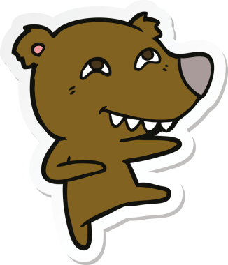 Bir insan tarafından çizilmiş dans ederken dişlerini gösteren çizgi film ayısının çıkartması.