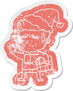 Garip bir çizgi film. Bir insan tarafından çizilmiş Noel Baba şapkası giymiş terleyen bir adamın çıkartması.