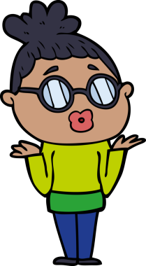 Bir insan tarafından çizilmiş gözlüklü, kafası karışık bir kadın çizgi filmi.