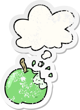 Karikatür, insan tarafından çizilmiş yıpranmış bir çıkartma olarak düşünce baloncuklu elmayı ısırır.