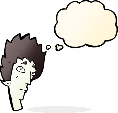 Bir insan tarafından çizilmiş düşünce balonlu vampir kafası.