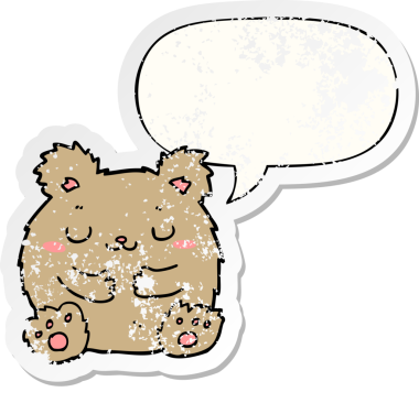 Konuşma baloncuğu olan sevimli çizgi film ayısı bir insan tarafından çizilmiş sıkıntılı eski bir çıkartma