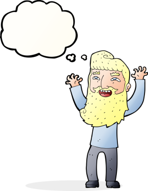 Çizgi film mutlu sakallı adam bir insan tarafından çizilmiş düşünce balonuyla kollarını sallıyor.