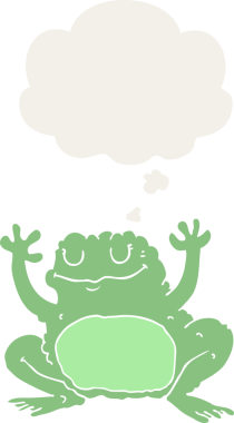 Düşünce baloncuğu olan bir kurbağa insan tarafından çizilmiş.