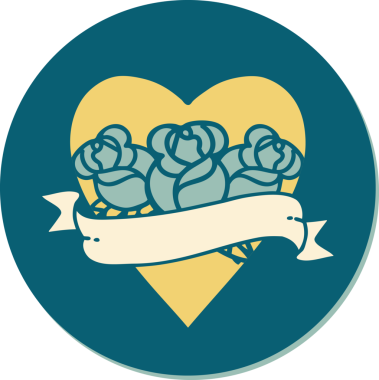 Geleneksel kalp stili dövme çıkartması ve bir insan tarafından çizilmiş çiçekli pankart.