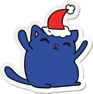 Bir insan tarafından çizilmiş kawaii kedisinin el çizimi Noel çıkartması.