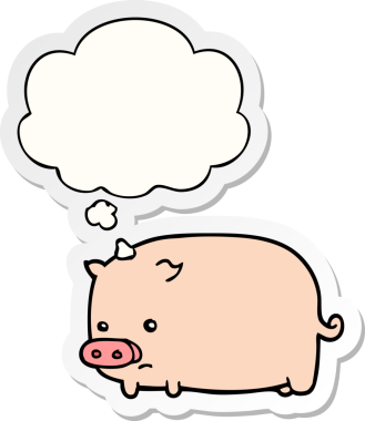 Bir insan tarafından çizilmiş bir çıkartma olarak düşünce baloncuğu olan şirin çizgi film domuzu.