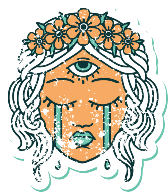 Bir insan tarafından çizilmiş mistik üçüncü gözün ağlayan kadın yüzünün sembolik dövmeli görüntüsü.