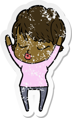 Bir insan tarafından çizilmiş gözleri olan karikatürlü bir kadının sıkıntılı çıkartması.