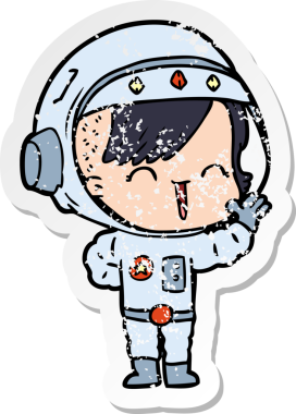 Bir insan tarafından çizilen mutlu astronot kız karikatürünün sıkıntılı çıkartması