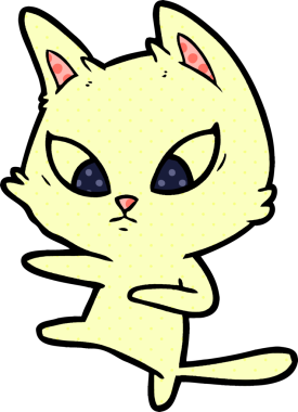 Bir insan tarafından çizilmiş kafası karışmış çizgi film kedisi.