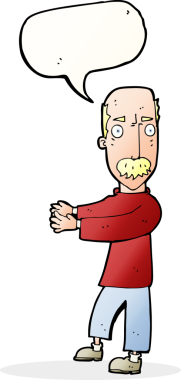 Bir insan tarafından çizilen konuşma baloncuğuyla açıklama yapan keltoş adam.