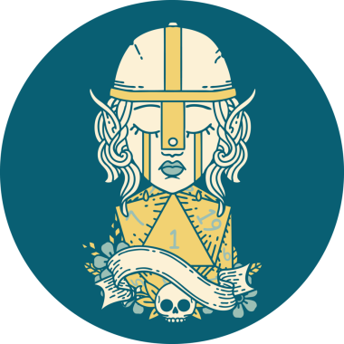 Retro Dövme Tarzı Ağlayan Elf Savaşçısı karakteri yüzü ve bir insan tarafından çizilmiş D20 rulosu.