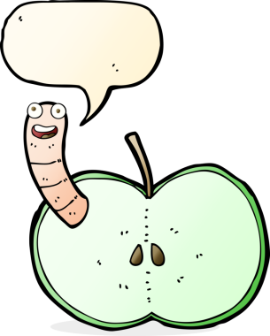 bir insan tarafından çizilmiş konuşma baloncuklu kurtlu çizgi film elması