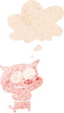 Düşünce baloncuklu çizgi film gerilimli domuz grunge sıkıntılı retro dokuma bir insan tarafından çizilmiş