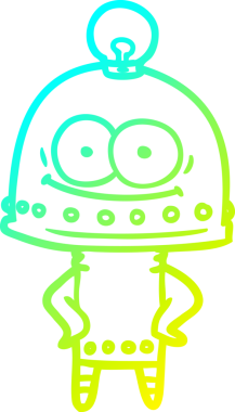 Bir insan tarafından çizilmiş ampullü mutlu bir robot çizimi.