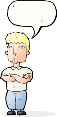 Bir insan tarafından çizilmiş konuşma balonlu çapraz kollu çizgi film adamı.