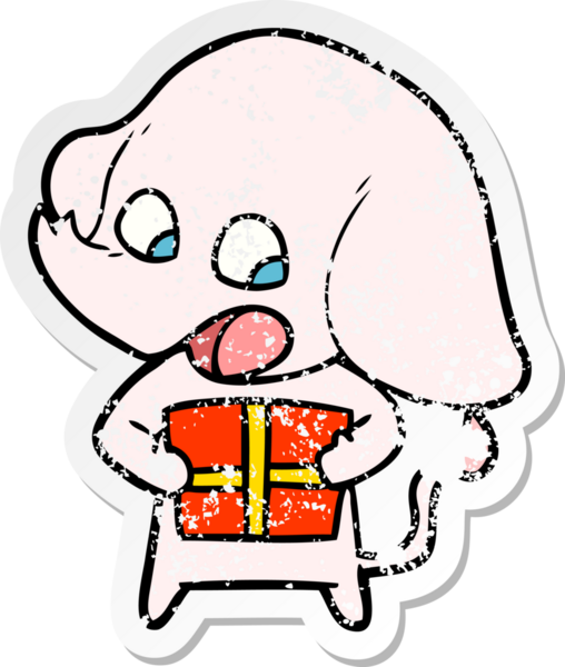 Bir insan tarafından çizilmiş Noel hediyeli şirin bir filin sıkıntılı çıkartması.