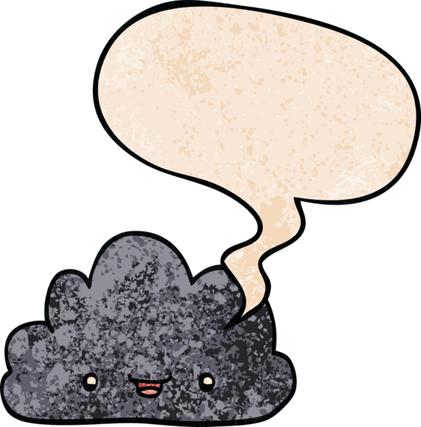 Mutlu karikatür bulutu. Konuşma baloncuğu ile insan tarafından çizilmiş eski moda dokular.