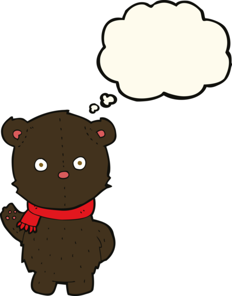 Bir insan tarafından çizilmiş düşünce baloncuğu ile siyah ayı yavrusunu sallayan çizgi film.