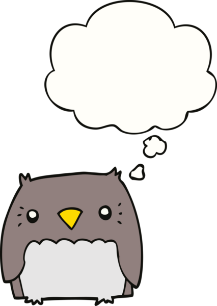 Bir insan tarafından çizilmiş düşünce baloncuğu olan sevimli çizgi film baykuşu.