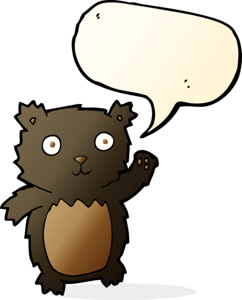 Bir insan tarafından çizilmiş konuşma balonlu siyah ayı yavrusunu sallayan çizgi film.