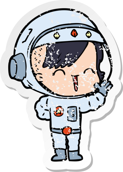 Bir insan tarafından çizilen mutlu astronot kız karikatürünün sıkıntılı çıkartması