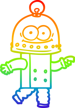 Gökkuşağı gradyan çizgisi mutlu bir karton robot çizimi ve bir insan tarafından çizilmiş ampul.