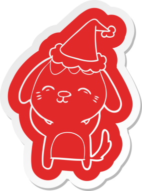 Bir insan tarafından çizilmiş Noel Baba şapkası takan bir köpeğin komik çizgi film çıkartması.