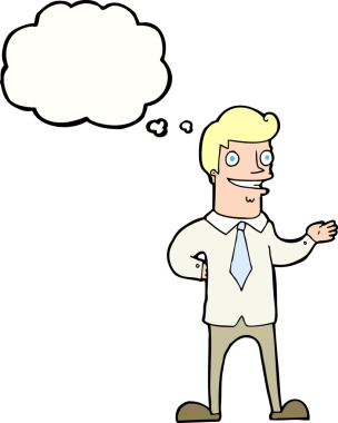 Bir insan tarafından çizilmiş düşünce baloncuğu olan çizgi film satıcısı.