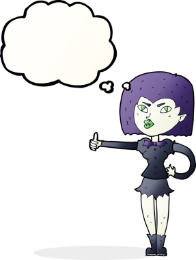 Bir insan tarafından çizilmiş düşünce baloncuğuyla baş parmağını kaldıran vampir kız.