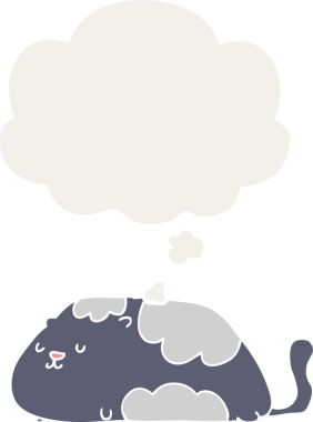 Düşünce baloncuğu olan çizgi film kedisi insan tarafından çizilmiş.