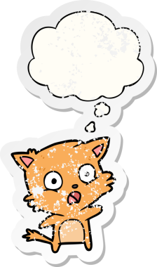 Düşünce baloncuğu olan çizgi film kedisi insan tarafından çizilmiş yıpranmış bir çıkartma.