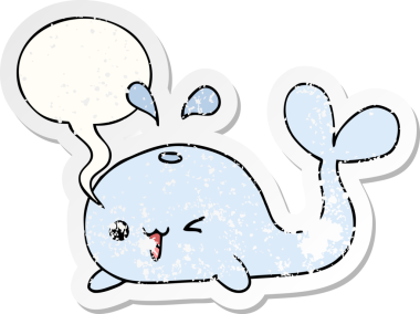 Konuşma baloncuğu olan karikatür balinası bir insan tarafından çizilmiş sıkıntılı eski bir çıkartma