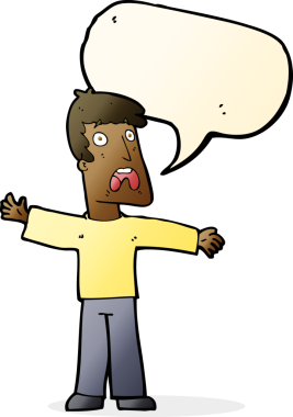 Bir insan tarafından çizilmiş konuşma baloncuğu olan korkmuş bir adam.