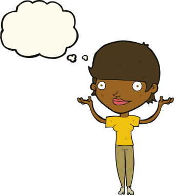 Bir insan tarafından çizilmiş düşünce baloncuğuyla kollarını havada tutan çizgi film kadını.