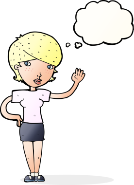 Bir insan tarafından çizilmiş düşünce baloncuğuyla el sallayan çizgi film kadını.