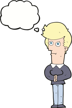 Bir insan tarafından çizilmiş düşünce balonuyla bakan çizgi film adamı.