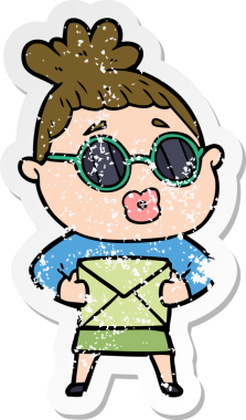 Bir insan tarafından çizilmiş güneş gözlüğü takan karikatürlü bir kadının sıkıntılı çıkartması.