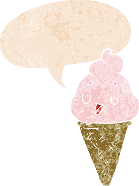 Bir insan tarafından çizilmiş grunge sıkıntılı retro tarzı konuşma baloncuklu tatlı çizgi film dondurması.